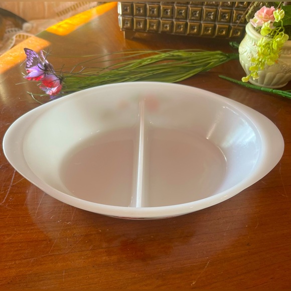 Vintage Glasbake Divided Serving Dish Pink Red Painted Flowers J-2352 RARE - Picture 5 of 9
